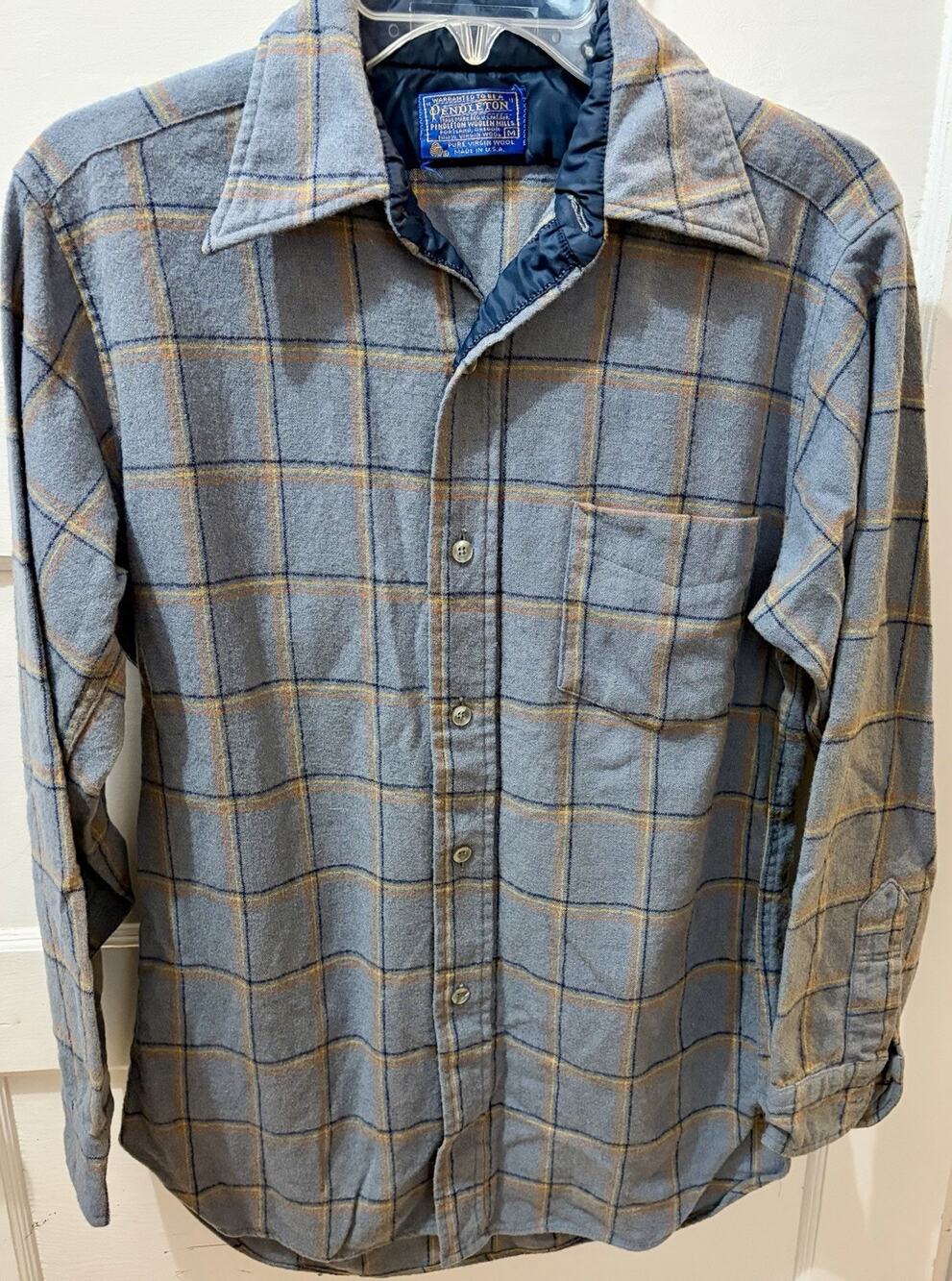 V-9 Vintage Pendleton Wool Shirt Medium Gray Blue Windowpane Plaid USA No holes